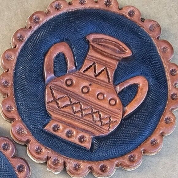 Hand tooled Leather Coaster f Southwestern Water Jug Native American - Picture 2 of 8